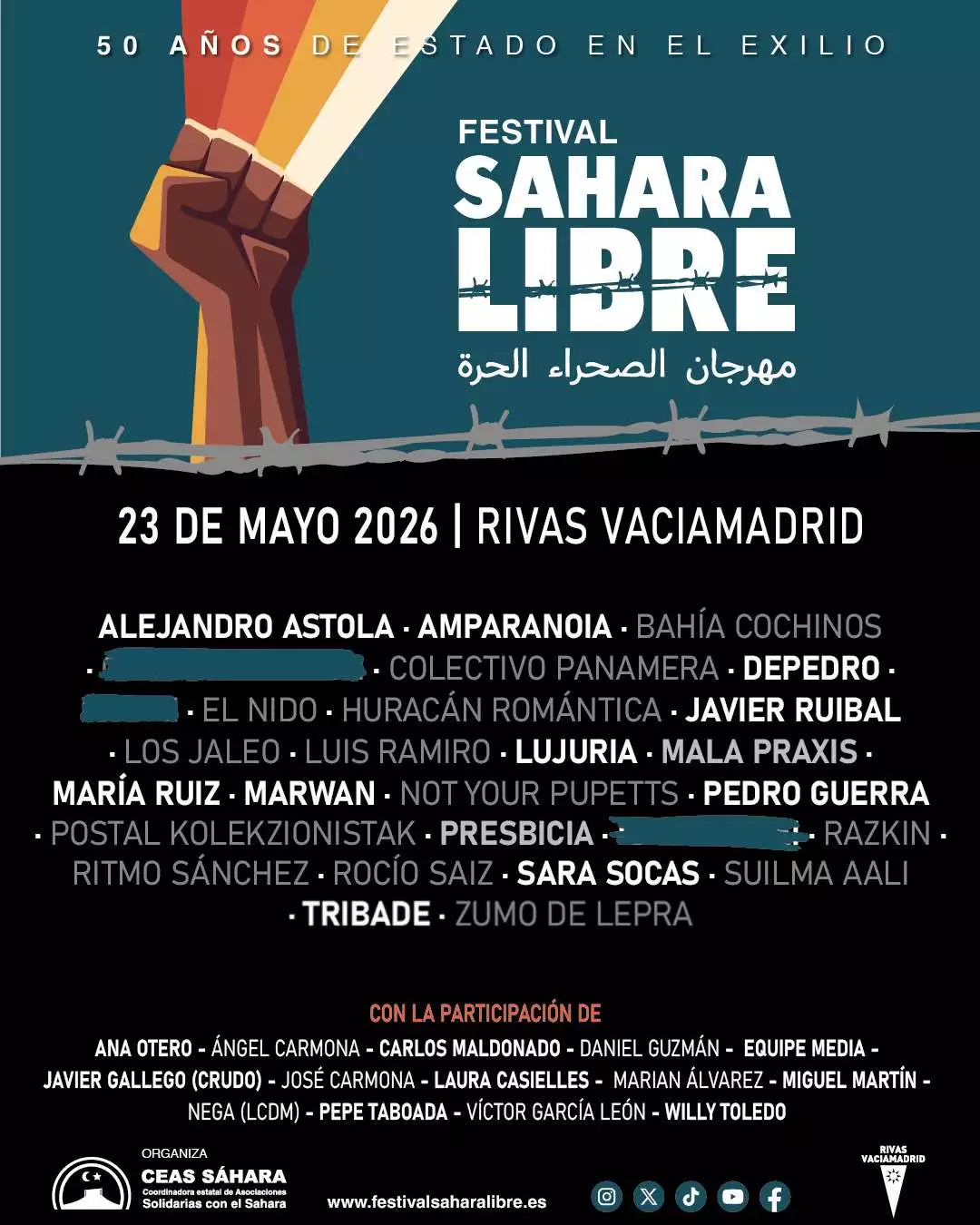El recinto ferial del Auditorio Miguel Ríos de Rivas Vaciamadrid acogerá el próximo sábado día 23 de mayo el Festival Sáhara Libre