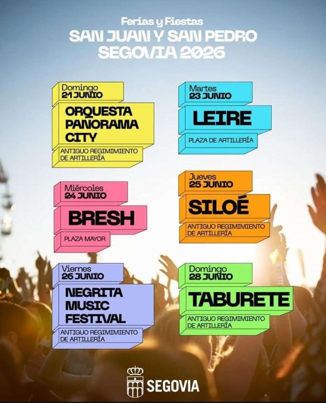 Ya conocemos la programación de conciertos de las Ferias y Fiestas de San Juan y San Pedro en Segovia 2026, que serán a finales de junio