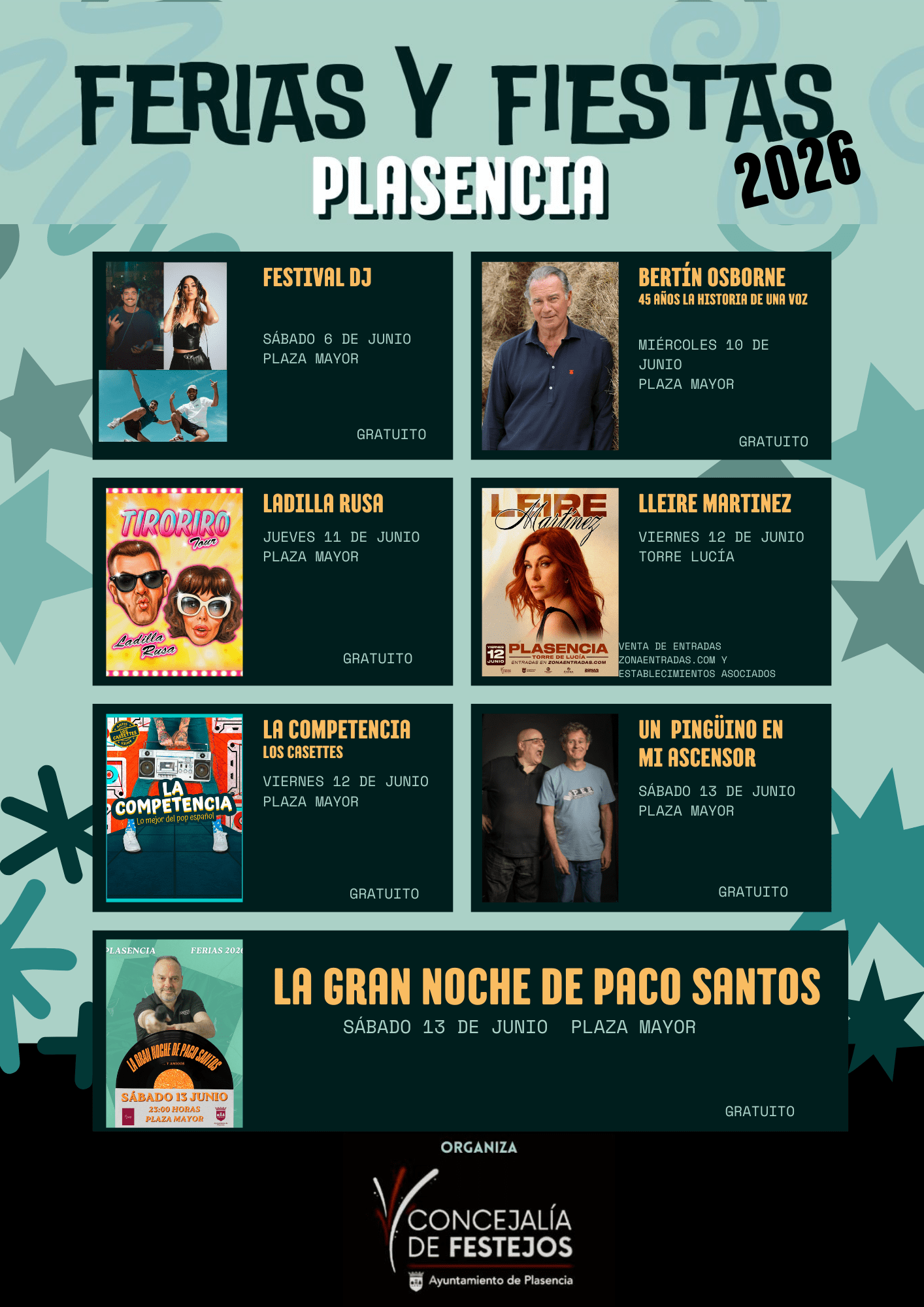 Programación de la Feria y Fiestas de Plasencia 2026, con los conciertos como principal reclamo de las celebraciones del del 6 al 13 de junio
