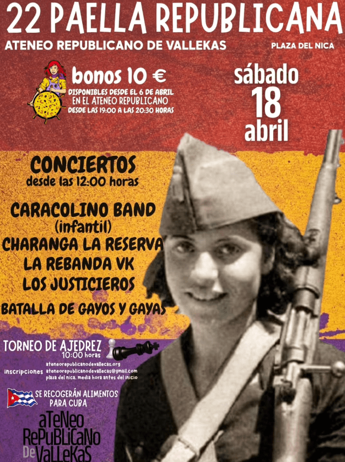 Este año se celebra la 22 Paella Republicana de Vallekas, el sábado 18 de abril frente al Ateneo Republicano de Vallekas, en la Plaza del Nica