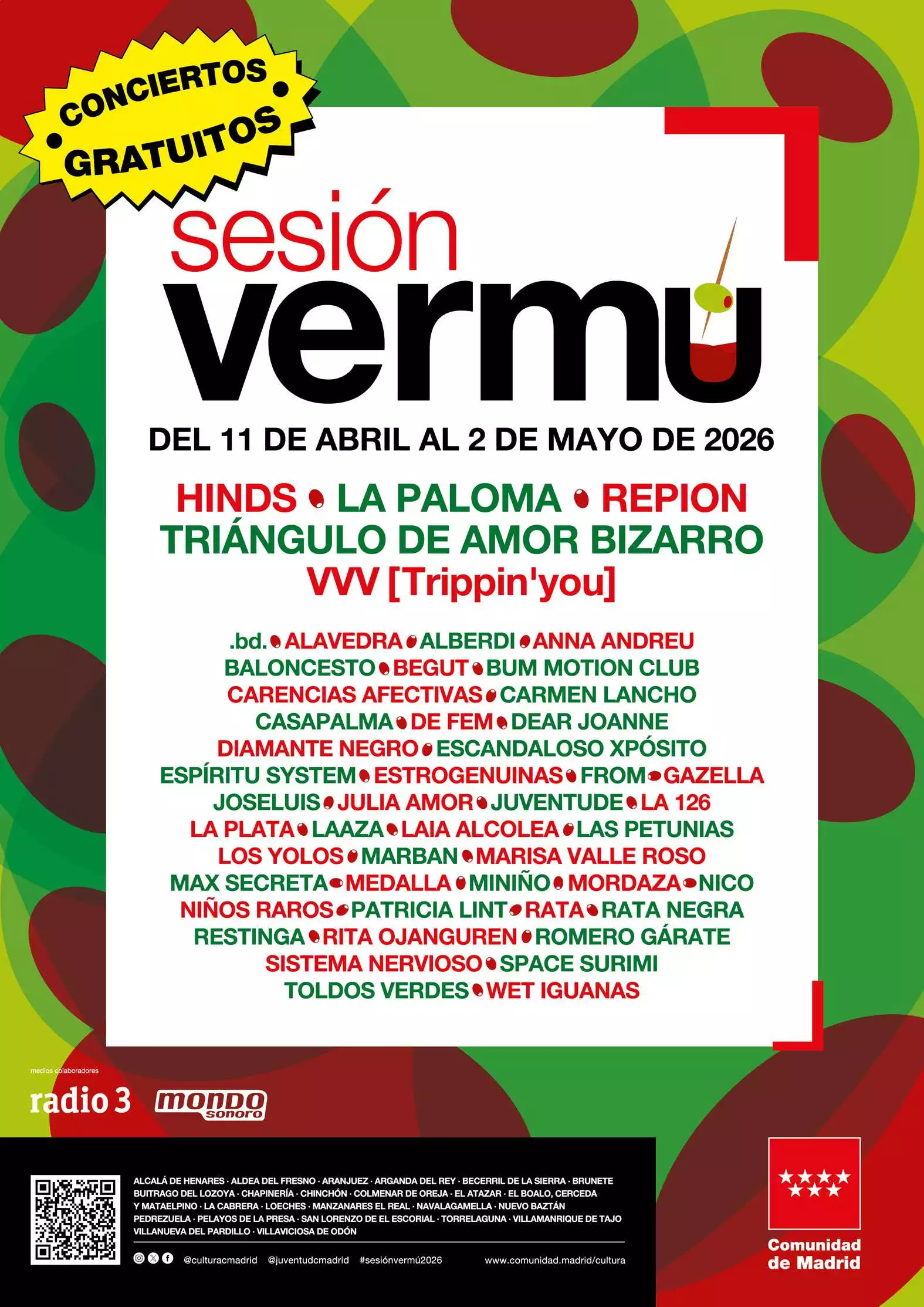 Sesión Vermú 2026, ciclo los fines de semana del 11 de abril al 2 de mayo, con 83 recitales gratuitos en 24 municipios de todo Madrid