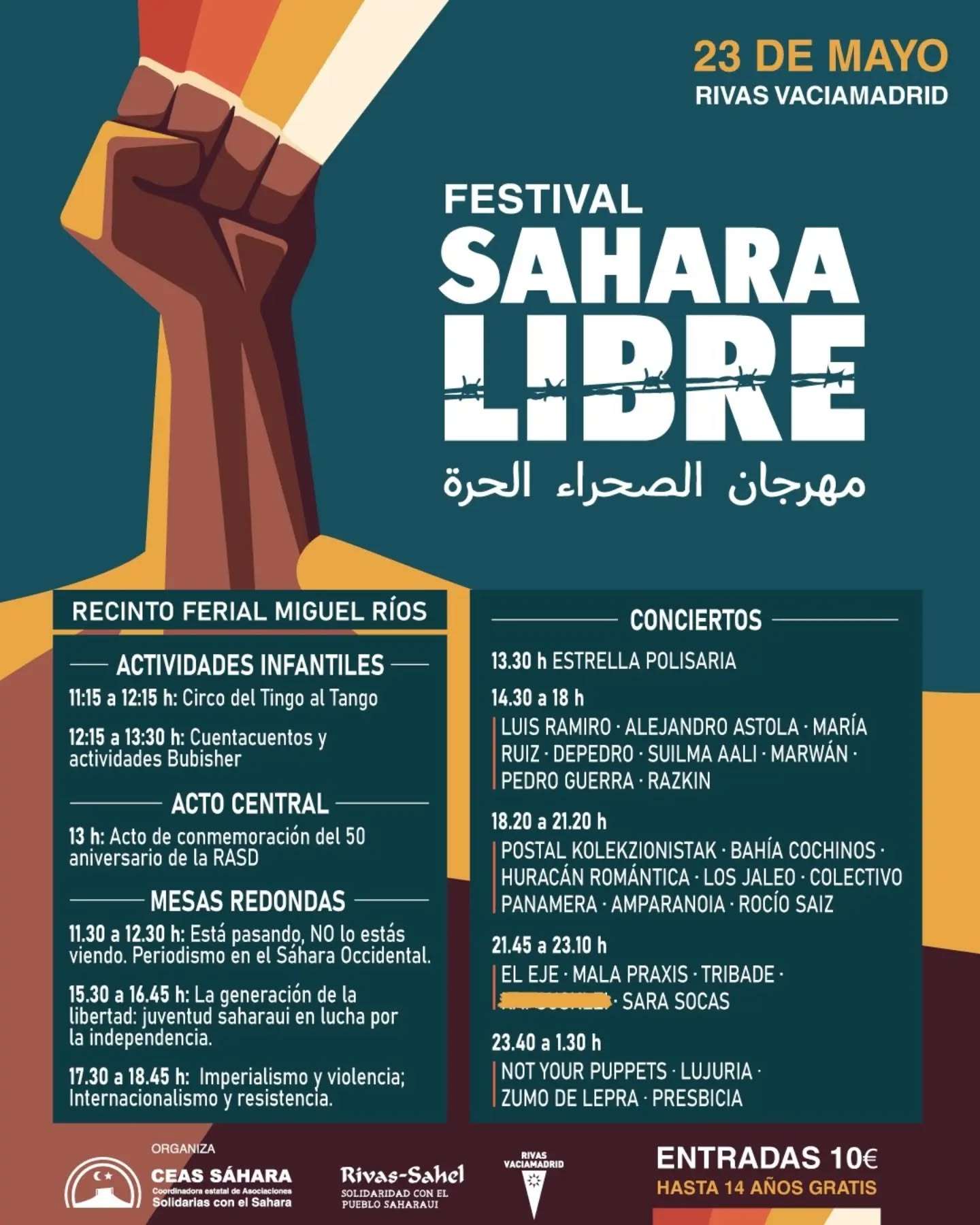 Este sábado 23 de mayo se celebra el Festival Sáhara Libre 2026 en el Auditorio Miguel Ríos de Rivas Vaciamadrid y estos son los horarios