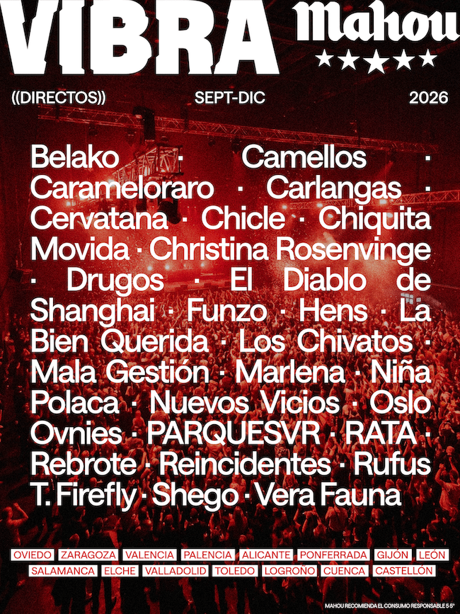 Directos Vibra Mahou 2026. Se trata de un ciclo de 30 conciertos que recorrerá 21 salas de 15 ciudades entre los meses de septiembre y diciembre