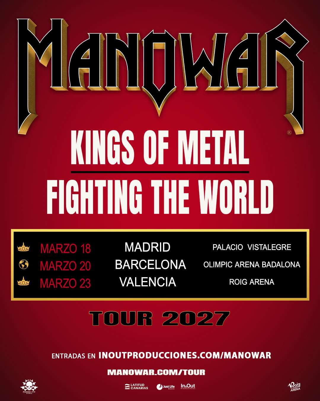Manowar suma Valencia a sus conciertos en Madrid y Badalona en marzo de 2027. De este modo la banda de hará una gira española de 3 conciertos