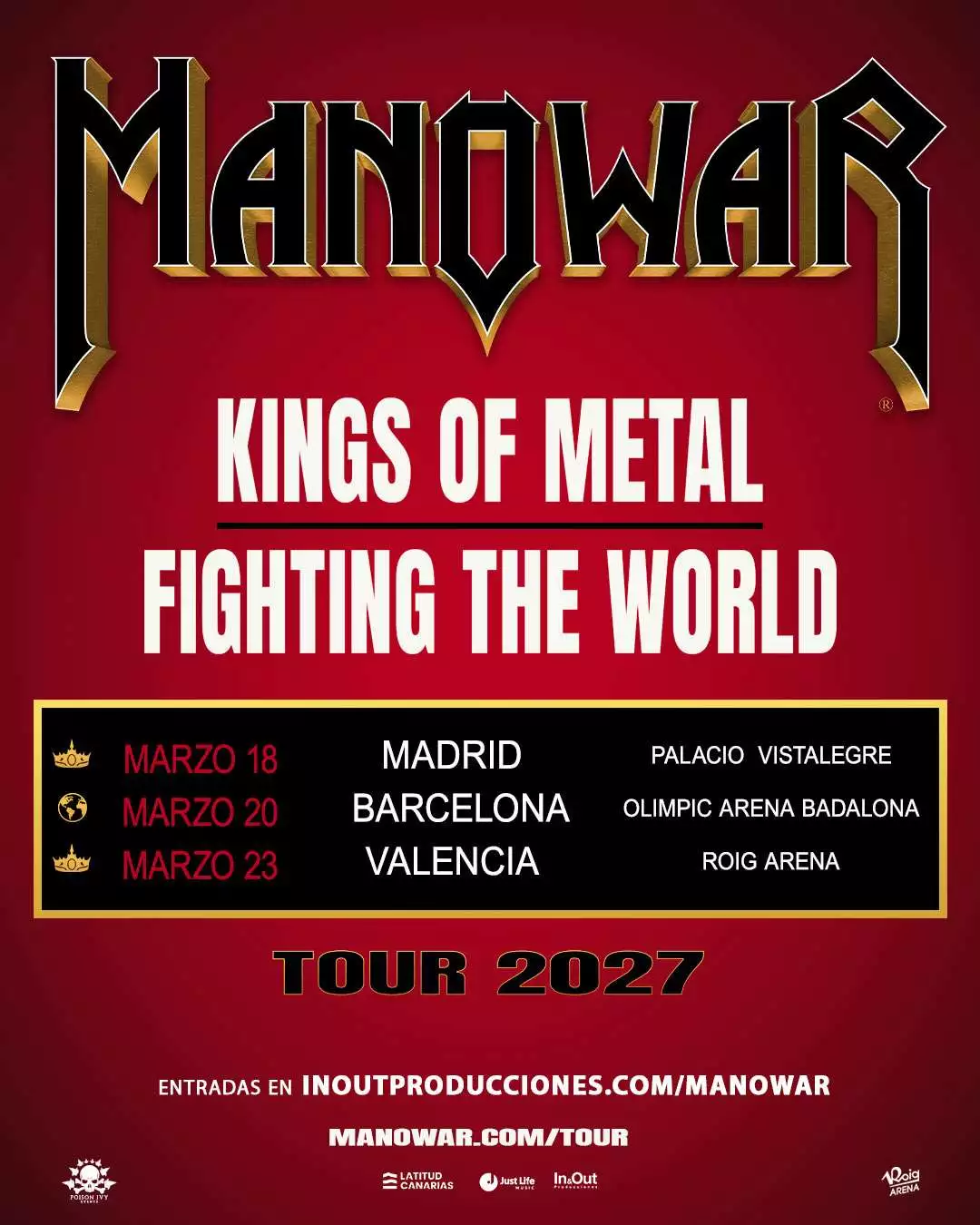 Manowar suma Valencia a sus conciertos en Madrid y Badalona en marzo de 2027. De este modo la banda de hará una gira española de 3 conciertos