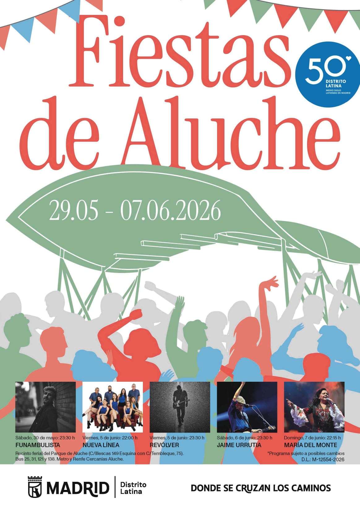 Programa completo y horarios de los conciertos de las Fiestas de Aluche 2026, desde el viernes 29 de mayo hasta el domingo 7 de junio