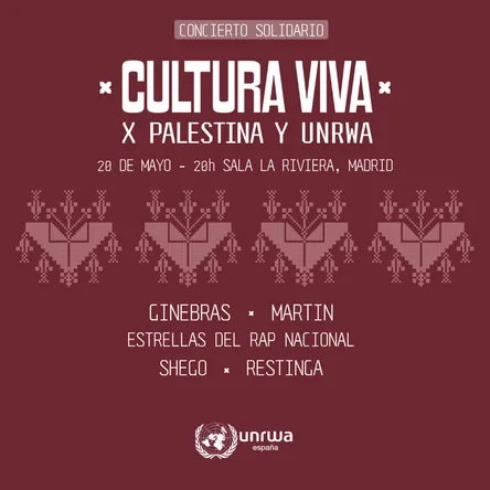 El 20 de mayo, La Riviera acoge un concierto solidario por la población refugiada de Palestina, dentro de 'Cultura Viva X Palestina y UNRWA'