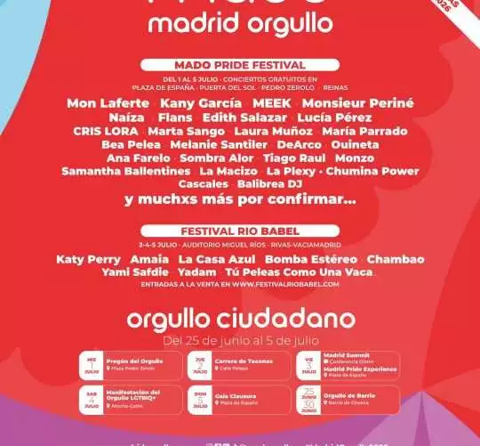 primeros artistas que forman parte del cartel del Mado Madrid Orgullo 2026. Una celebración que tendrá lugar del 1 al 5 de julio con actuaciones gratuitas