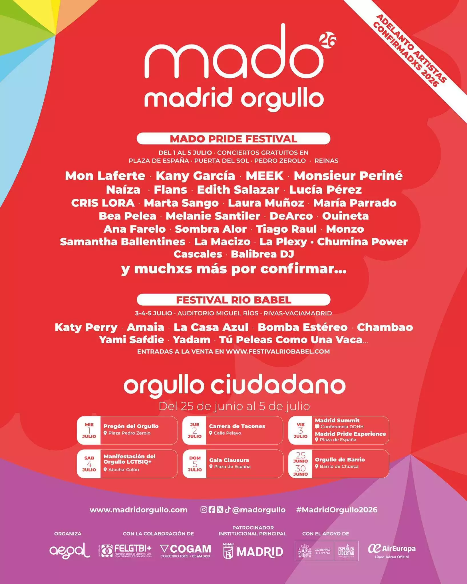 primeros artistas que forman parte del cartel del Mado Madrid Orgullo 2026. Una celebración que tendrá lugar del 1 al 5 de julio con actuaciones gratuitas