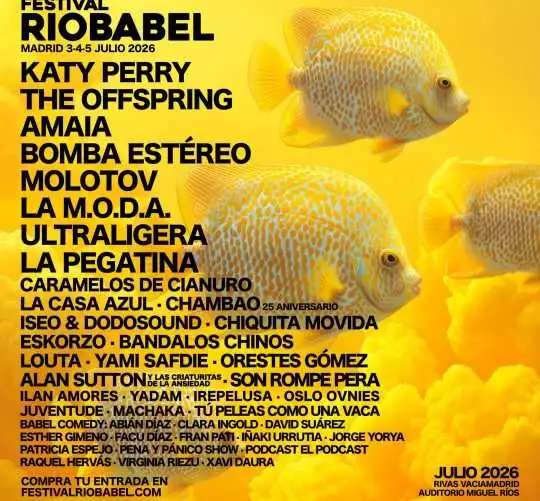 Horarios de Río Babel 2026, que tendrá lugar los días 3, 4 y 5 de julio en el Auditorio Miguel Ríos de Rivas Vaciamadrid con música y humor