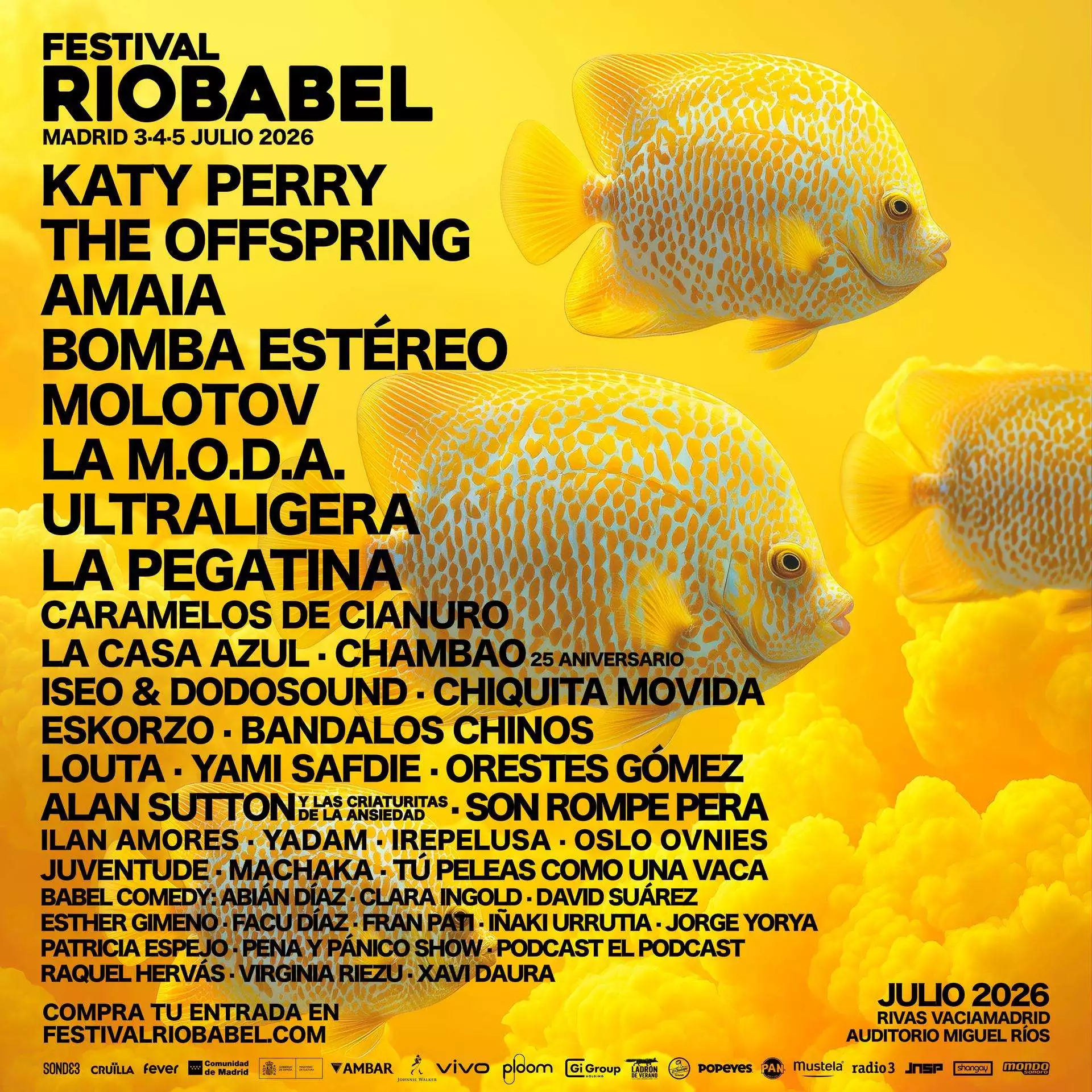 Horarios de Río Babel 2026, que tendrá lugar los días 3, 4 y 5 de julio en el Auditorio Miguel Ríos de Rivas Vaciamadrid con música y humor