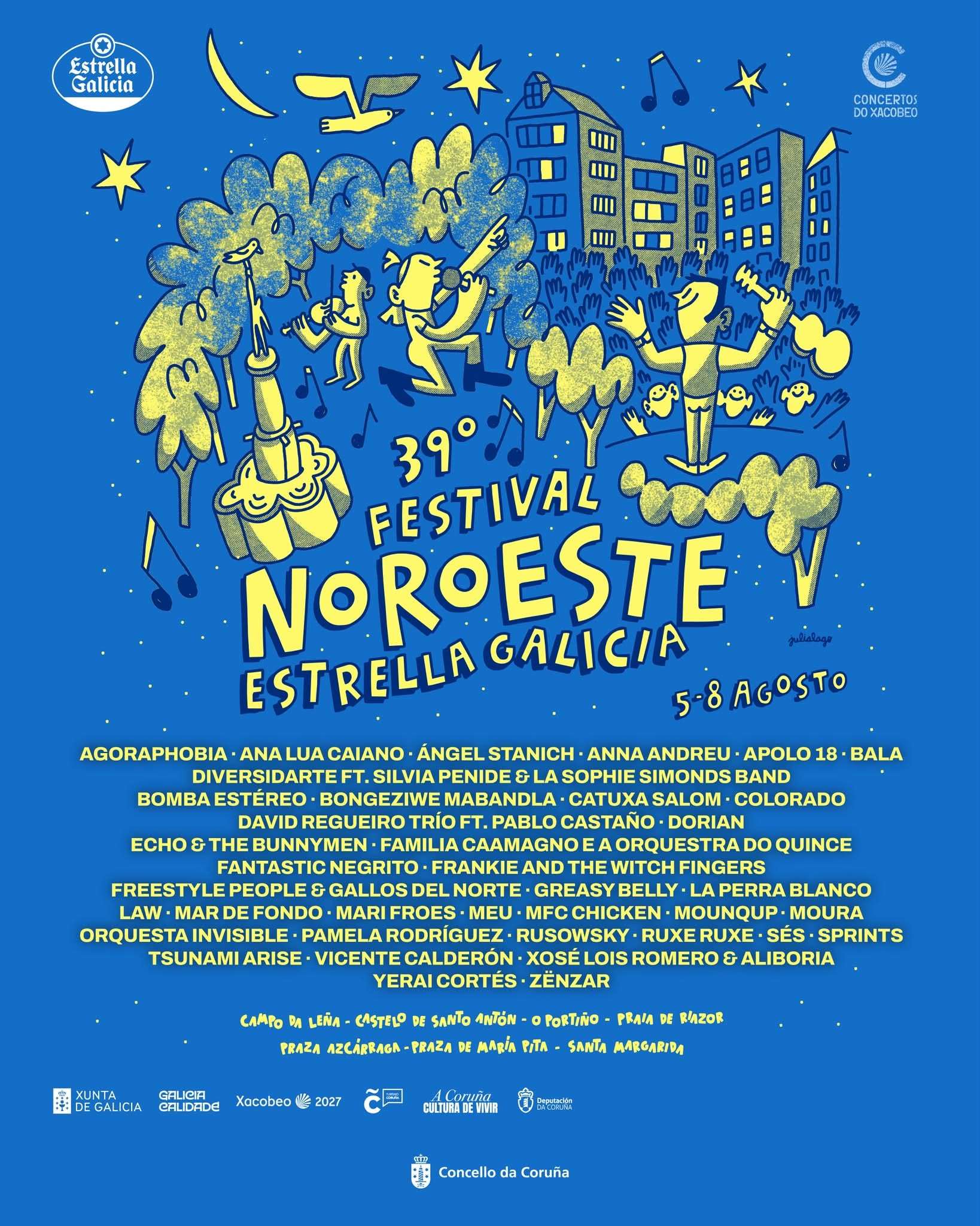 Cartel completo de la XXXIX edición del Festival Noroeste Estrella Galicia, que se celebrará en A Coruña del 5 al 8 de agosto de 2026
