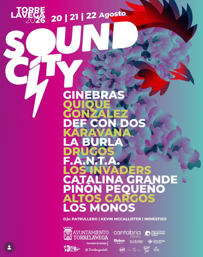 Cartel del Torrelavega Sound City 2026, que se celebrará los días 20, 21 y 22 de agosto en el exterior de La Lechera con entrada libre