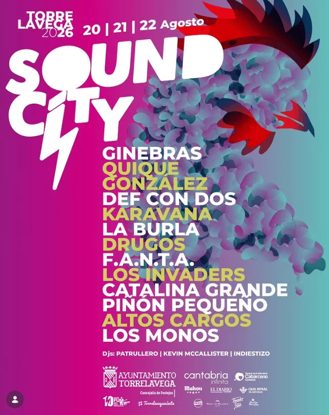Cartel del Torrelavega Sound City 2026, que se celebrará los días 20, 21 y 22 de agosto en el exterior de La Lechera con entrada libre