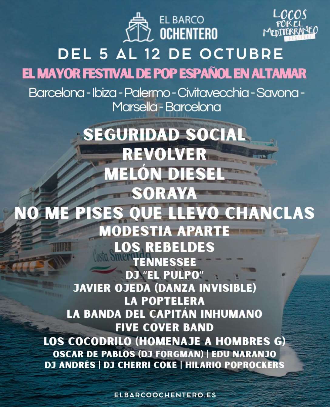 El Barco Ochentero vuelve a zarpar para navegar el Mar Mediterráneo este año 2026. Este crucero pop sale desde Barcelona el 5 de octubre