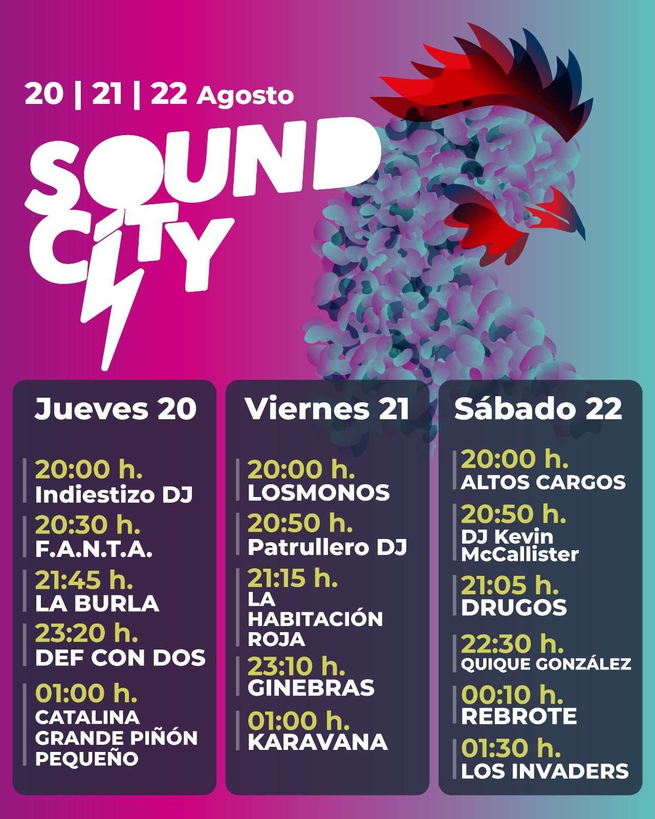 horarios del Torrelavega Sound City 2026, que se celebrará los días 20, 21 y 22 de agosto en el exterior de La Lechera con entrada libre y gratuita