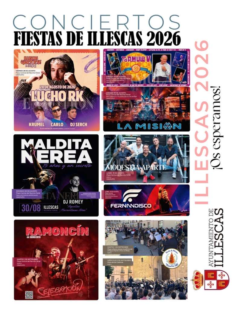 Illescas se prepara para celebrar sus fiestas patronales del 28 de agosto al 2 de septiembre con conciertos de Ramoncín, Maldita Nerea. y más
