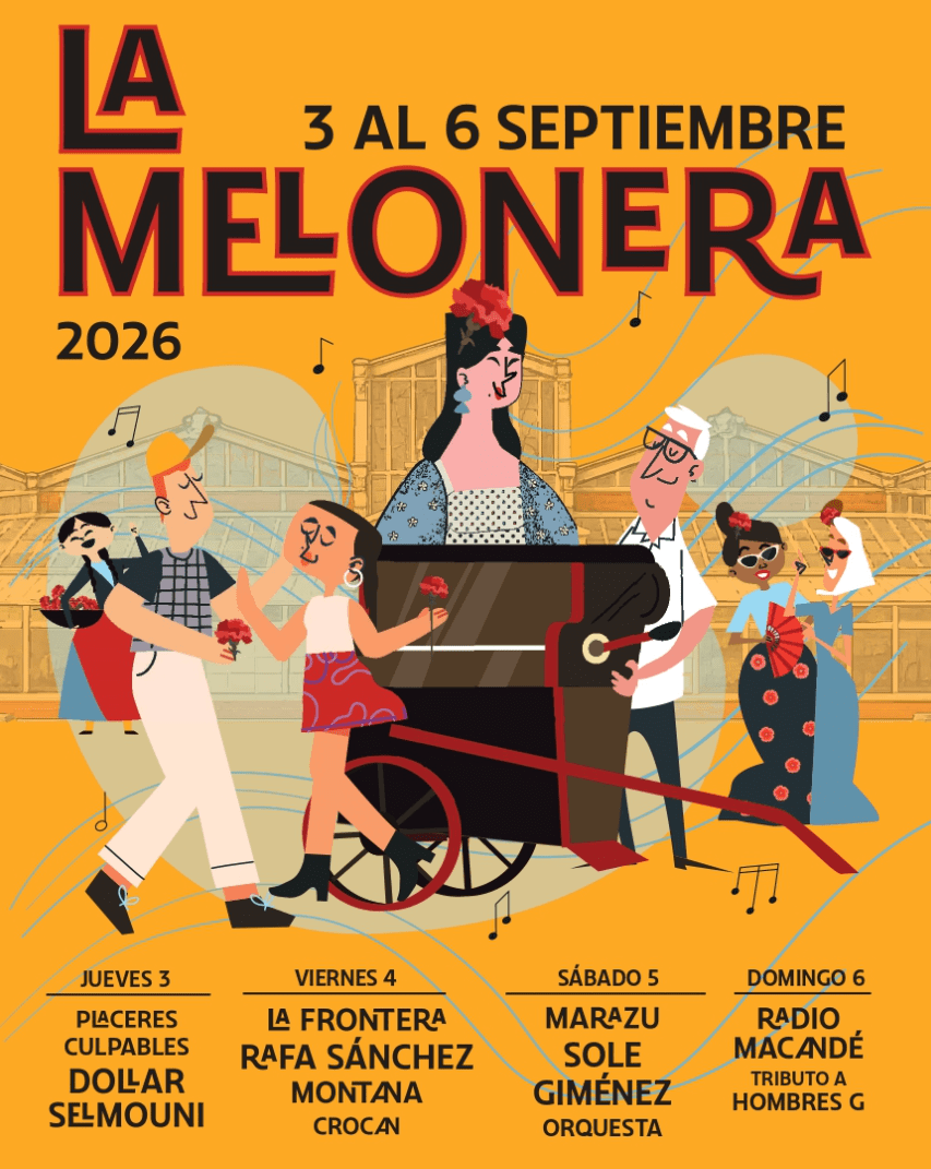 Conciertos de las Fiestas de la Melonera 2026, que se celebrarán del 3 al 6 de septiembre en Madrid Río, en el distrito de Arganzuela