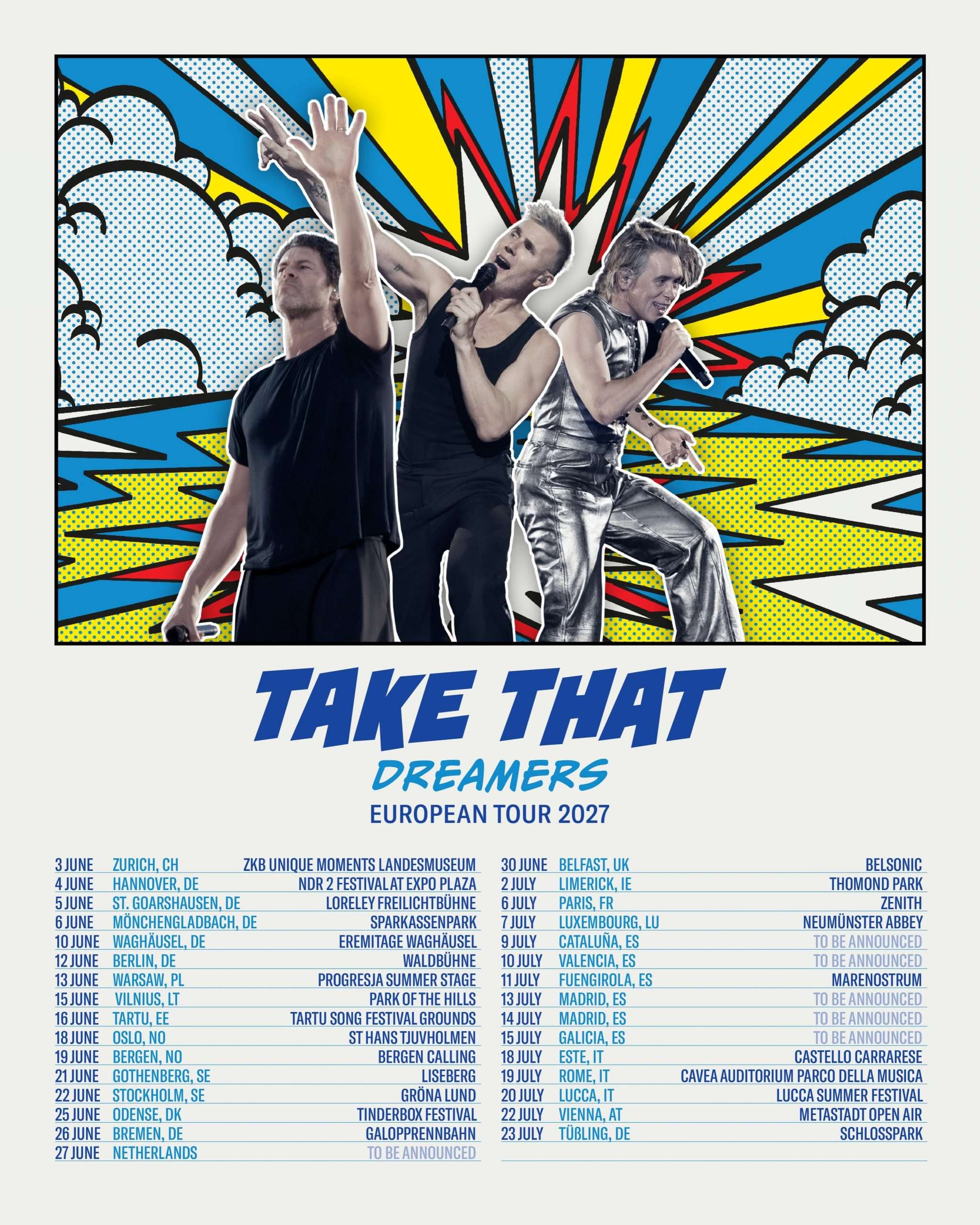 Take That darán 6 conciertos en España en su gira europea de 2027. La única cita anunciada es el 11 de julio en el Marenostrum de Fuengirola