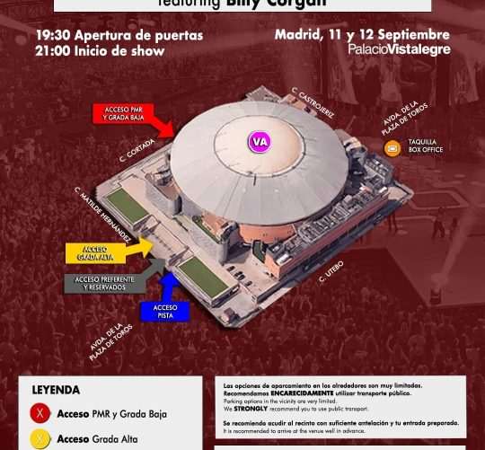 Los recitales orquestales de Billy Corgan llegan este viernes 11 y sábado 12 de septiembre al Palacio Vistalegre de Madrid, y ya tenemos los horarios, mapa de accesos