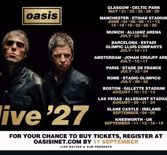 Oasis anuncia dos conciertos en Barcelona el próximo verano en su gira de 2027 los días 10 y 11 de julio en el Estadi Olímpic Lluis Companys
