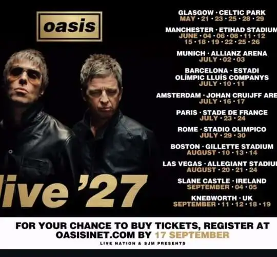 Oasis anuncia dos conciertos en Barcelona el próximo verano en su gira de 2027 los días 10 y 11 de julio en el Estadi Olímpic Lluis Companys