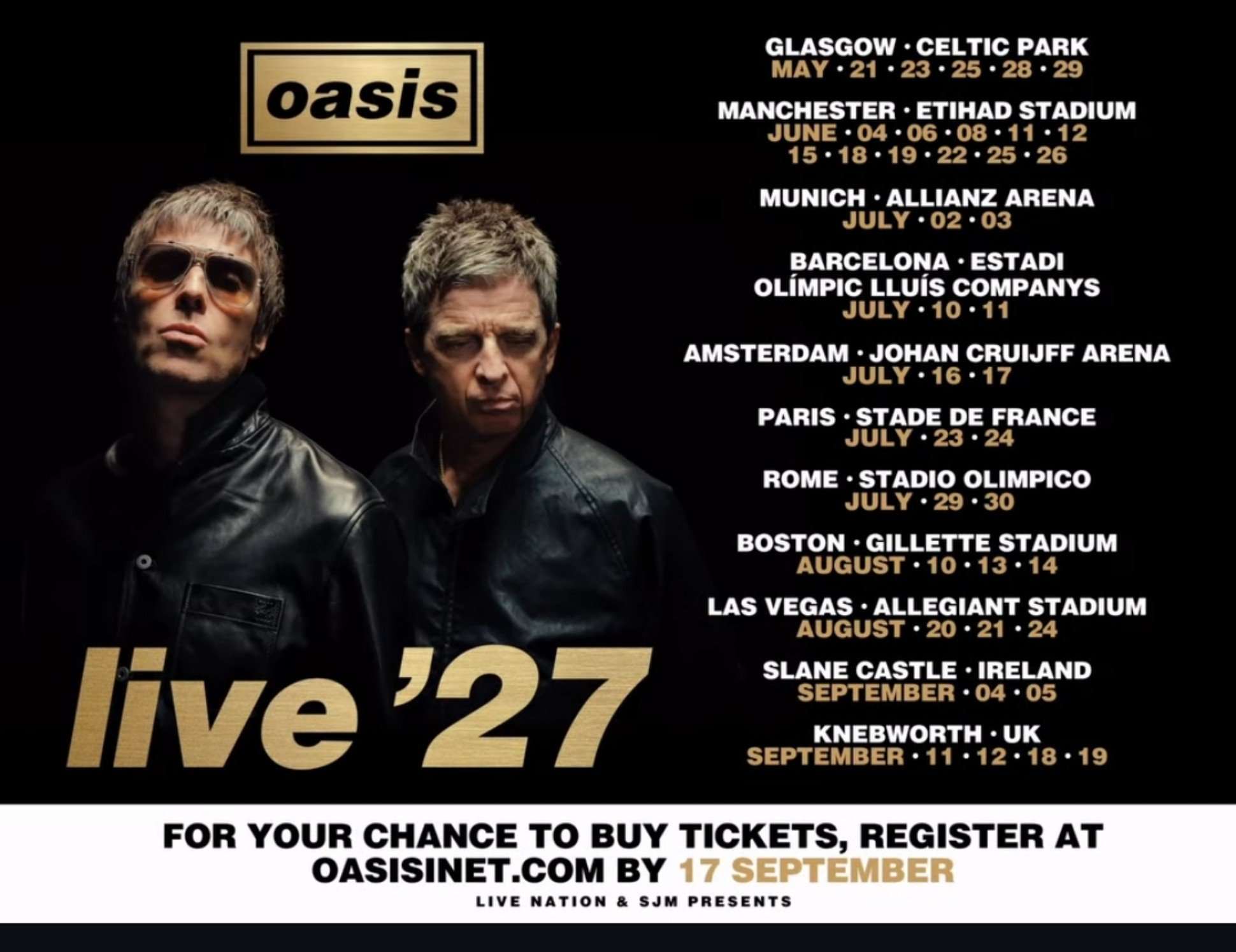 Oasis anuncia dos conciertos en Barcelona el próximo verano en su gira de 2027 los días 10 y 11 de julio en el Estadi Olímpic Lluis Companys