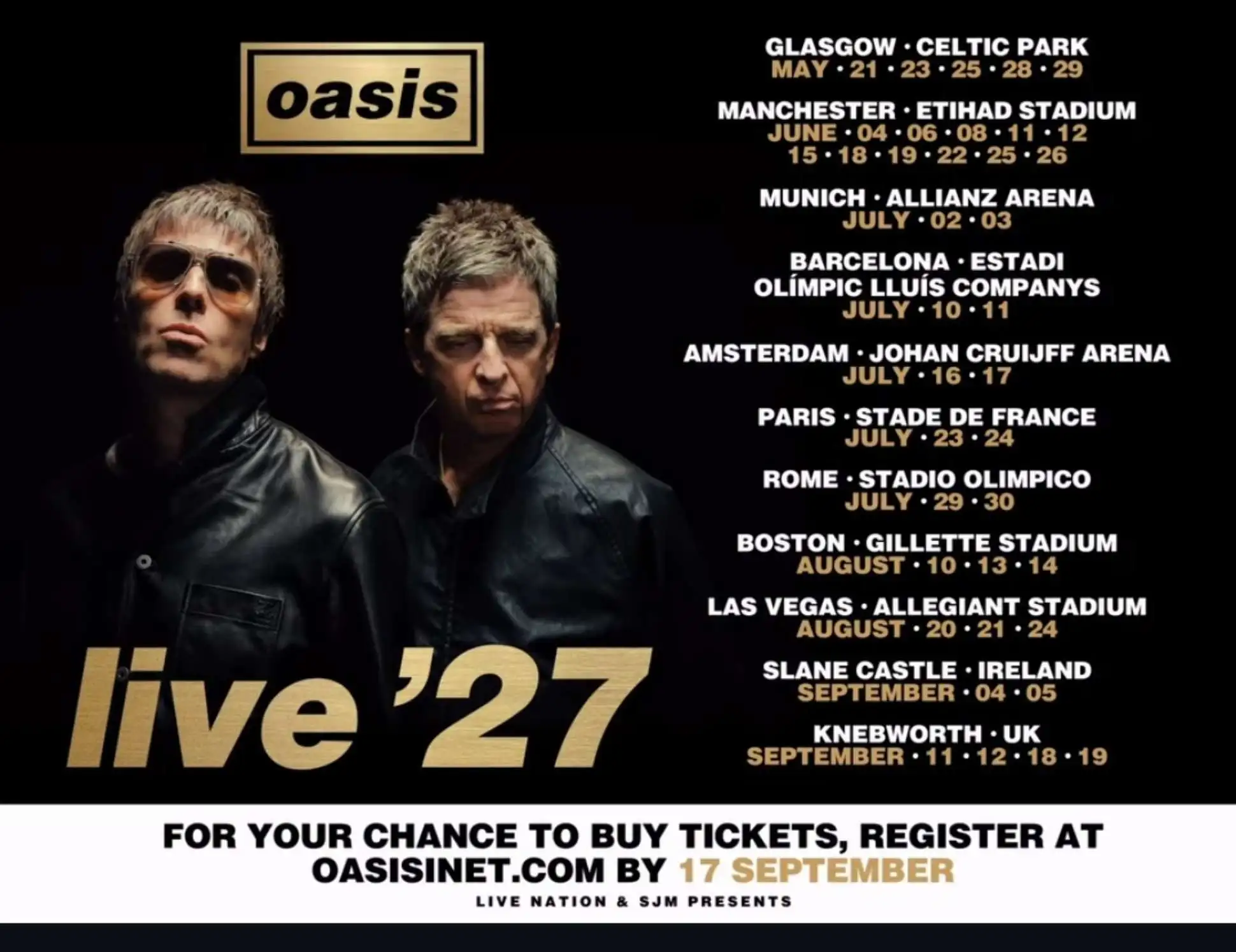 Oasis anuncia dos conciertos en Barcelona el próximo verano en su gira de 2027 los días 10 y 11 de julio en el Estadi Olímpic Lluis Companys