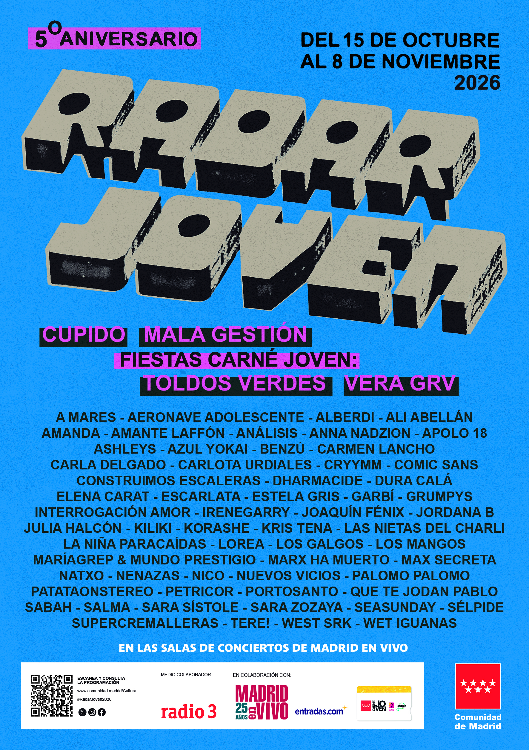 Radar Joven 2026 desvela su programación completa de conciertos del 15 de octubre al 8 de noviembre, con 64 artistas en 27 salas de Madrid