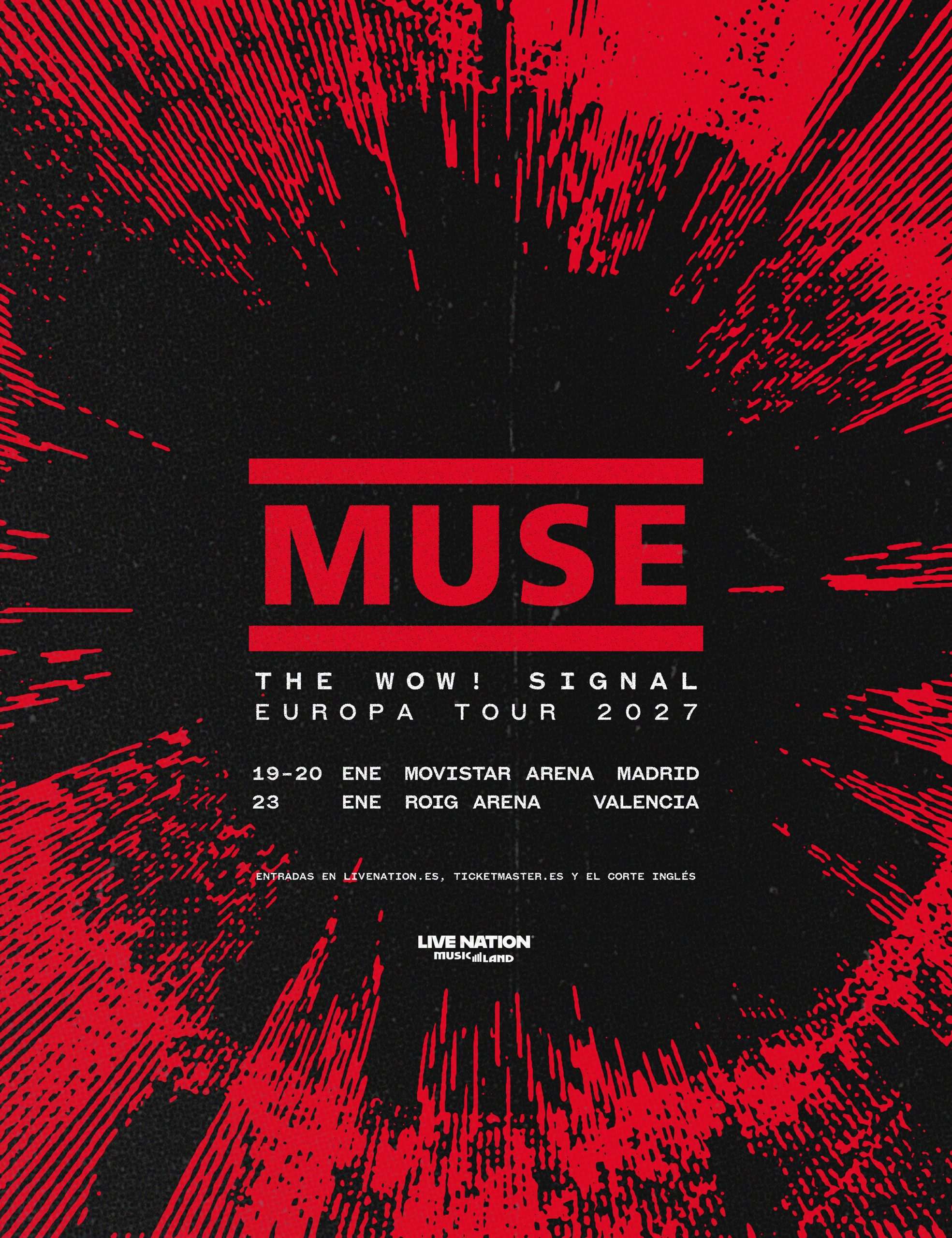 Muse anuncia conciertos en Madrid (19 y 20 de enero, Movistar Arena) y Valencia (23 de enero, Roig Arena) en 2027.